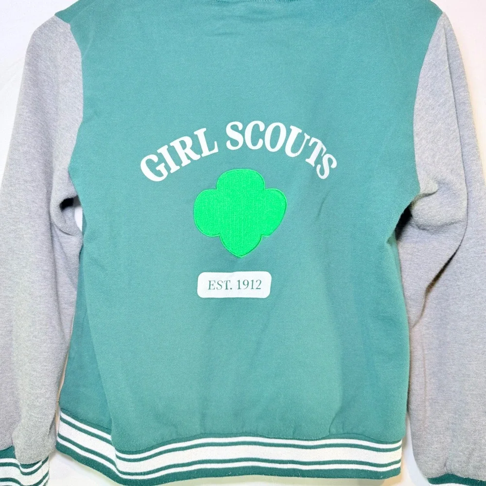 Girl Scouts Varsity‎ Hooded Jacket Green Grey Snap Front Girls Medium 10/12